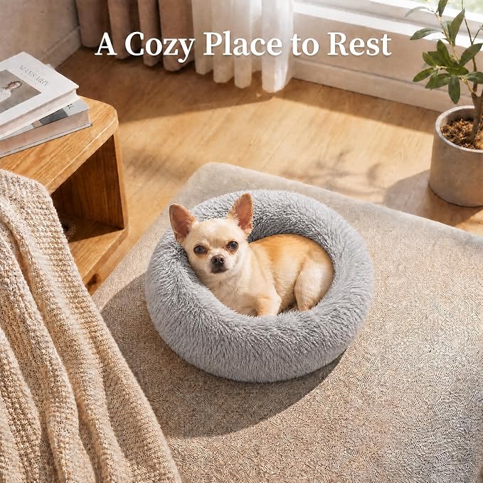 Tiny Dog Bed for Extra Small Dogs for Chihuahua Pomeranian Toy Poodle | 15 Inch Washable Puppy Bed,Soft Faux Fur Calming Donut Bed,Grey