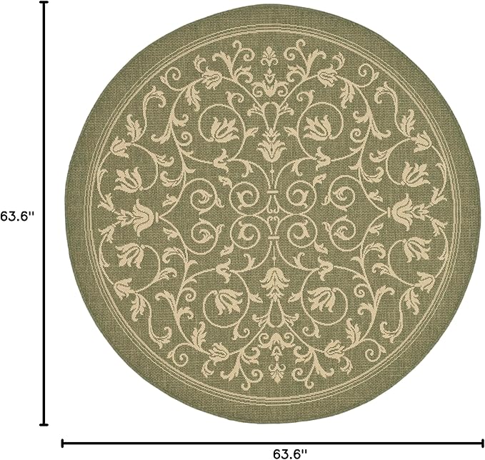 SAFAVIEH Washable Rug Outdoor Courtyard Collection - 5'3" Round, Natural & Olive, Non-Shedding & Easy Cleaning, Ideal for Patio, Backyard, Mudroom (CY2098-1E01)