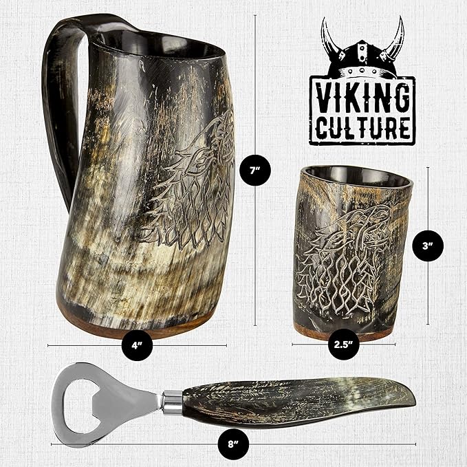 Viking Culture Ox Horn Mug, Shot Glass, and Bottle Opener (3 Pc. Set) Authentic 16-oz. Ale, Mead, and Beer Tankard | Vintage Stein with Handle | Custom Intricate Design - Natural Finish | The Ring