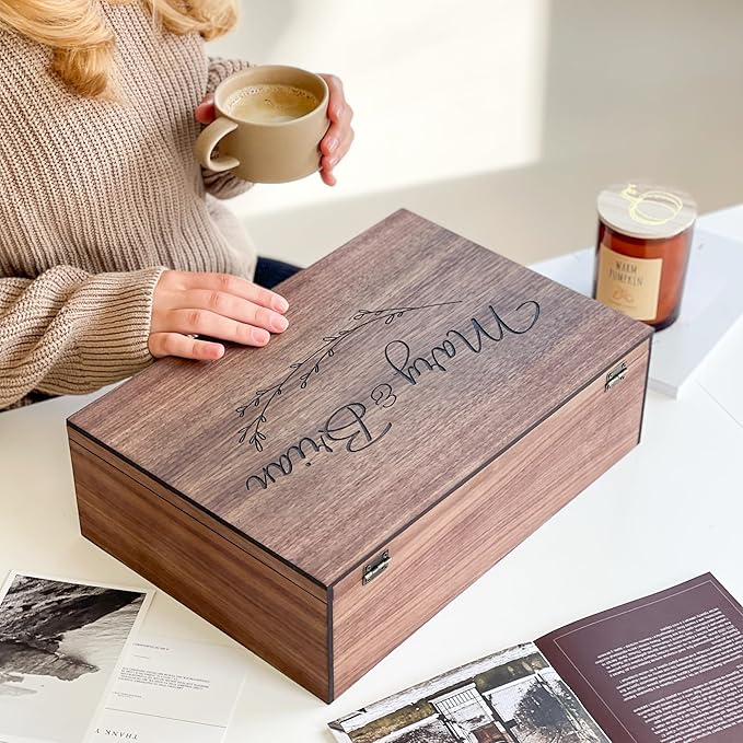 Personalized Memory Wooden Keepsake Decorative Letter Box with lock hinged lid – Custom Wedding Engagement Couple gift for Him, Her, Boyfriend Girlfriend Friend Time capsule box (Walnut)