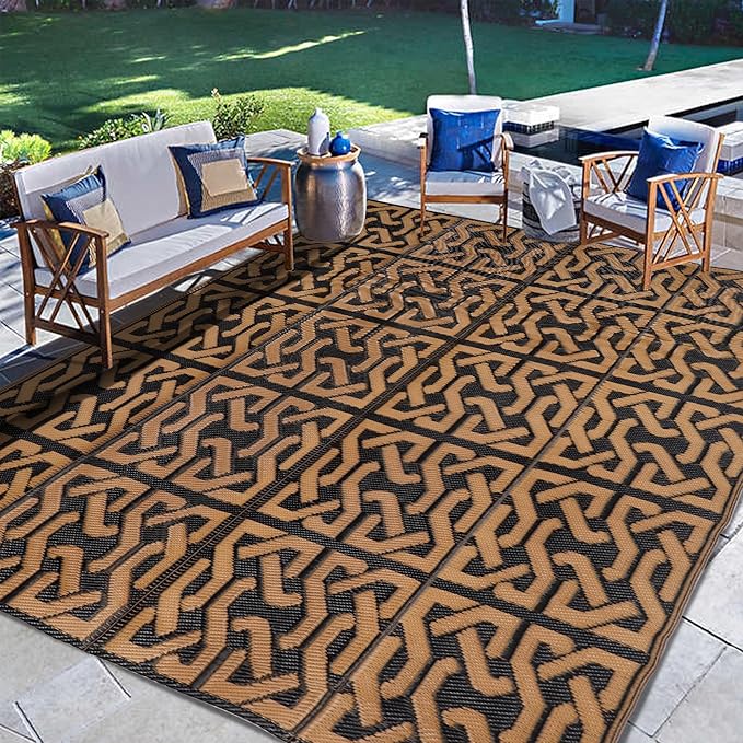 SAND MINE Reversible Mats, Plastic Straw Rug, Modern Area Rug, Large Floor Mat and Rug for Outdoors, RV, Patio, Backyard, Deck, Picnic, Beach, Camping, Trailer, Black & Brown, 5' x 8'
