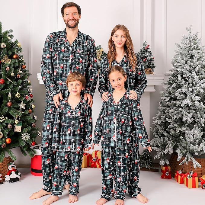 ANGELGGH Family Christmas PJs Matching Sets 2 Pcs Festival Party Pajamas Holiday Warm Sleepwear Couples Button Loungewear