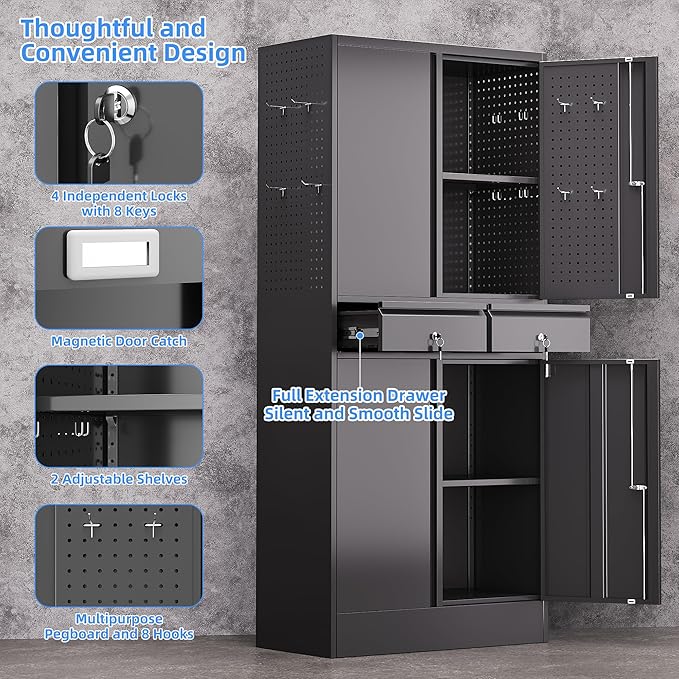 Garage Storage Cabinet with 2 Drawers and Pegboard, Locking Metal Storage Cabinet with Doors and 2 Adjustable Shelves, 71" H Steel Tool Cabinets for Garage, Home, Black, Assembly Required