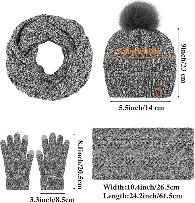 Aneco Womens Winter Warm Sets Knitted Fur Pompoms Beanie Hat Circle Loop Scarf Touch Screen Gloves Winter Favor Accessories
