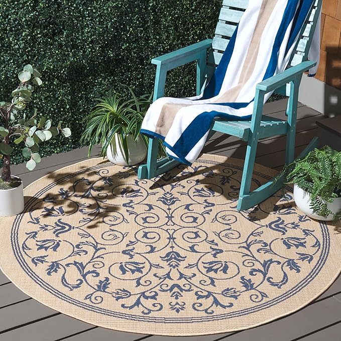 SAFAVIEH Washable Rug Outdoor Courtyard Collection - 5'3" Round, Natural & Blue, Non-Shedding & Easy Cleaning, Ideal for Patio, Backyard, Mudroom (CY2098-3101)