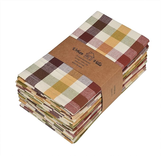 Urban Villa Fall Cloth Napkins Harvest Checks Dinner Napkins Set of 12 20"x20"Highly Absorbent Cloth Napkins Reusable Washable Table Dinner Napkins Ideal for Thanks Giving Everyday Use Wedding Parties