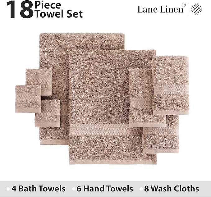 LANE LINEN 100% Cotton Bath Towel Set, 18PCs - 4 Shower Towels, 8 Washcloths, 6 Hand Towels for Bathroom - Sustainably Produced & Oeko-Tex Certified, Pet Friendly & Ultra Absorbent - Taupe