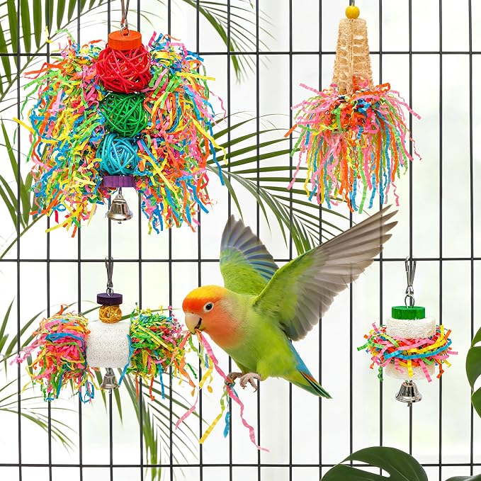 4PCS Bird Parrot Foraging Toys Parakeet Chewing Hanging Toy Shredded Paper Cage Accessories for Small Parrots Parakeets Conures Cockatiels Love Birds Cage Toy (4Pack)