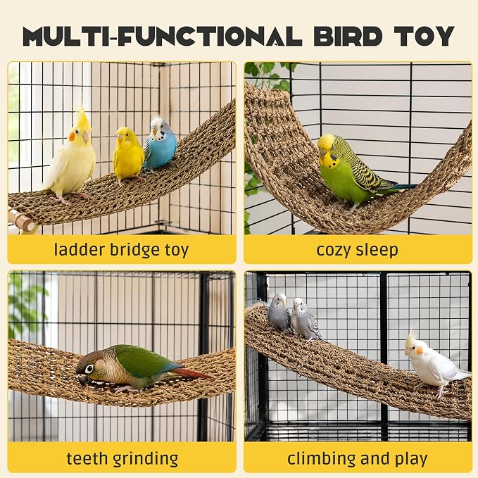 FlidRunest Extra-Large 21.6x7.8IN Conure Ladder Perch for Cage, Bird Seagrass Ladder Bridge Exercise Stands, Natural Hand-Woven Parrot Net Climbing Chewing Hammock, Cage Accessories for Conure Budgie
