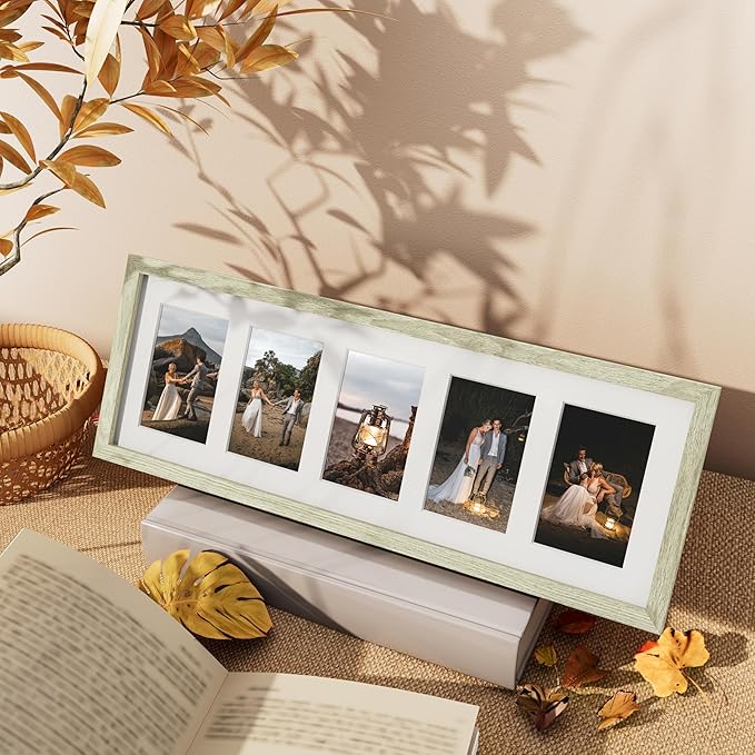 Vittanly 8x24 Collage Picture Frame, Displays 5Pcs 4x6 Pictures with Mat or 1Pcs 8x24 without Mat, Picture Frames Collage Wall Decor for Horizontal or Vertical Display, Driftwood, 1 Pack