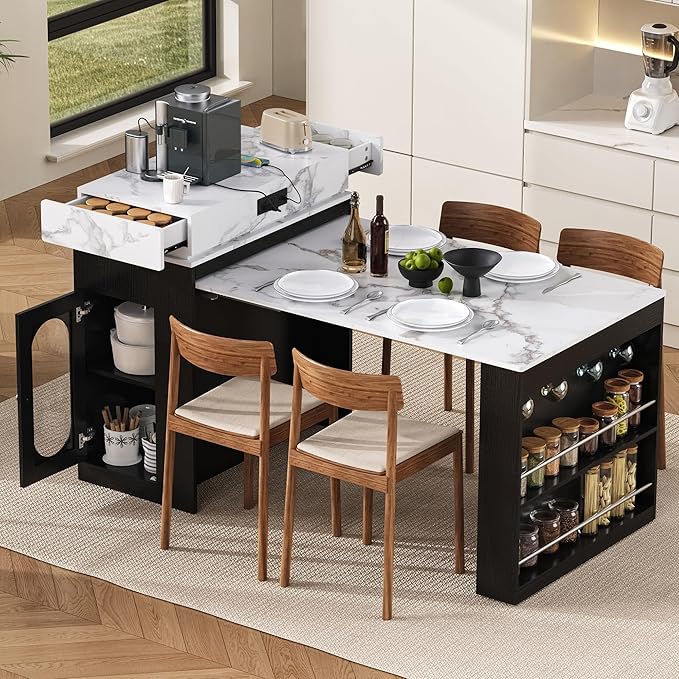 Amposei Kitchen Island with Extendable Dining Table & Power Outlet, 58’’ Breakfast Bar Coffee Station Sideboard Glass Door Storage Cabinet with Drawers, Black & White Marble
