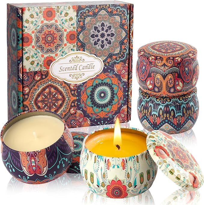 Scented Candles Gift Set - Women Candle Natural Soy Wax Aromatherapy Candle Stress Relief Small Gifts 120H Burning Candles 4 Pack 4.4 Oz for Home Christmas Birthday Mum Teacher Mothers Day