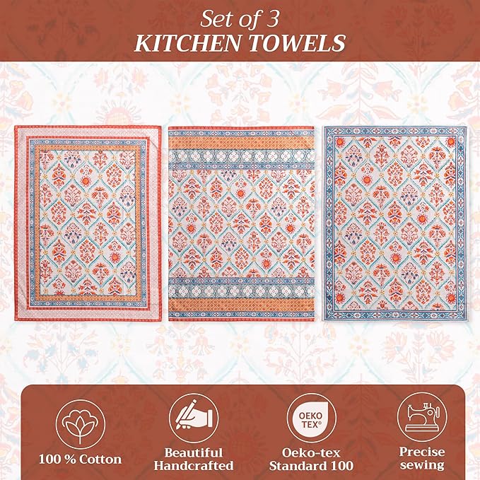Maison d' Hermine Kitchen Towels Set of 3 100% Cotton 20" x 27.5" Reusable Cloth Tea Dish Towels Absorbent with Hanging Loop for Kitchen Dining Thanksgiving Christmas Decorations (Romane)