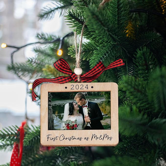 Christmas Photo Frame Ornament, 2024 Ornament, Wooden Picture Frame Ornaments With Hanging String (First Christmas As Mr & Mrs (Landscape))
