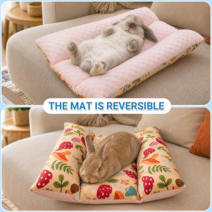 Reversible Bunny Bed, Washable Cooling Rabbit Mat Cage Accessories | Soft Thickened Small Animal Bedding Pillow for Guinea Pig, Chinchilla, Hedgehog, Ferret, Kitten, Chihuahua (14x15.7in)