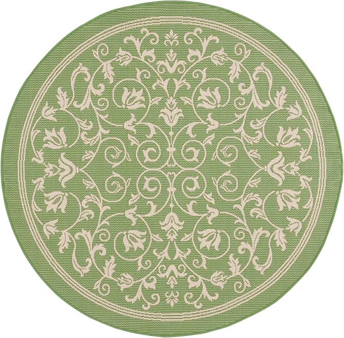 SAFAVIEH Courtyard Collection 4' Round Olive / Natural CY2098 Scroll Indoor/ Outdoor Waterproof Easy Cleaning Patio Backyard Mudroom Area Rug