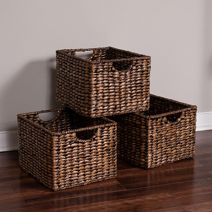 BIRDROCK HOME Storage Shelf Organizer Baskets with Handles - Handwoven Abaca Seagrass Wicker Basket for Pantry, Living Room, Office & Bathroom, Versatile Under Shelf Storage - Set of 3, Brown Wash