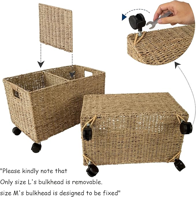 PEMAR Set 2 Nesting Natural Wicker Rolling Storage Baskets on Wheels w Insert Handles, Under Table Under Desk Woven Storage Bins, Mobile File Cabinet Organiser (Seagrass, Sizes M, L Nesting)