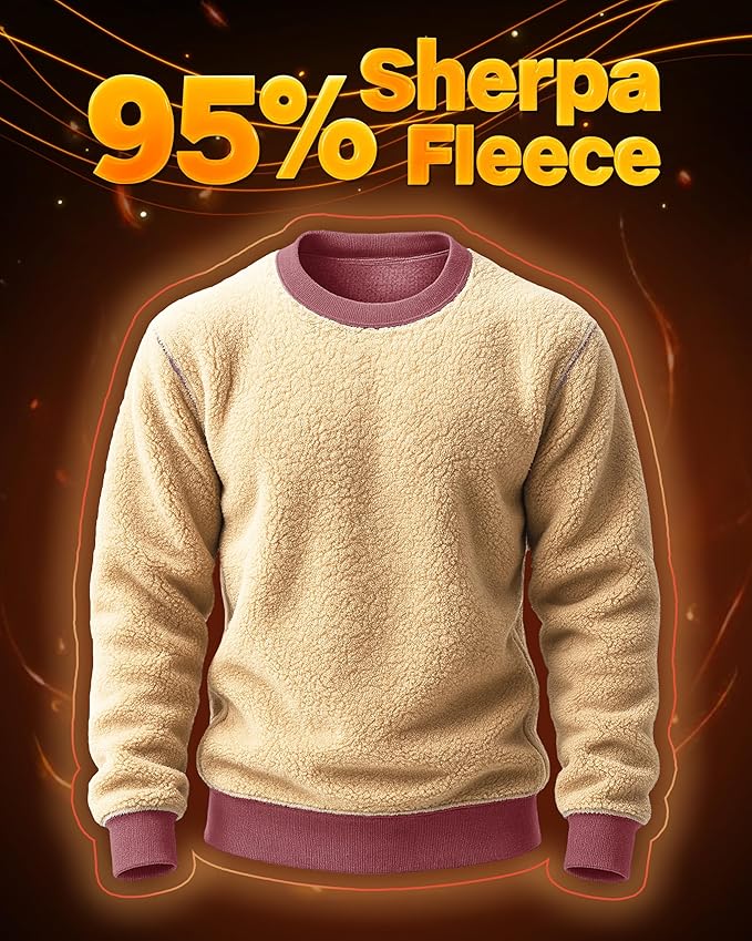 Boladeci Men's Full Sherpa Lined Crewneck Sweatshirts Heavy-weight Fleece Pullover Thick Thermal Long Sleeve Cotton