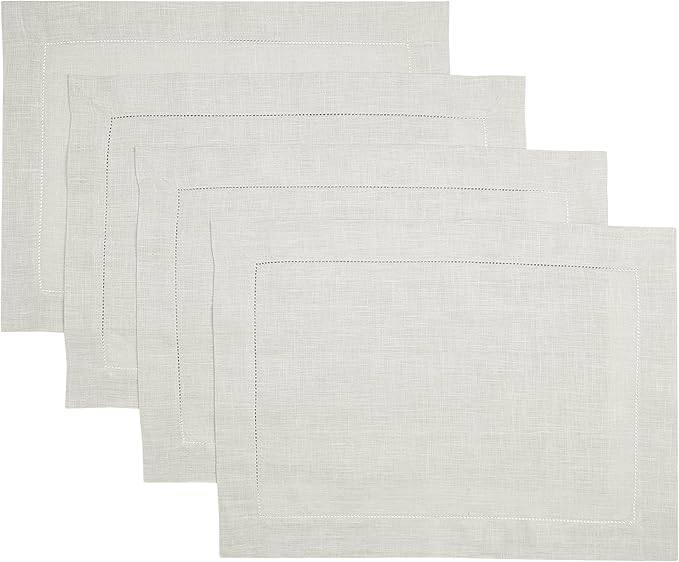 D'Moksha Homes Silver Grey Linen Cloth Placemats Set of 4-100% Pure Linen Hemstitch Placemats 14 x 19 Inch - Classic Hemstitch Table Place Mats for Thanksgiving - Handcrafted and Machine Washable