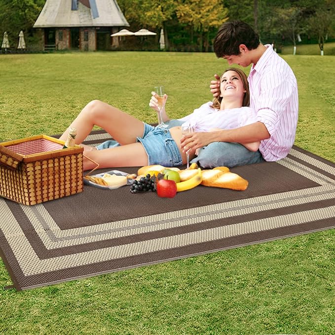Outdoor Rug 8x10 Waterproof Patio Rugs Modern Border Reversible Mat for Front Door Rv Foldable Plastic Straw Carpet for Travel Trailers, Deck, Picnic, Porch, Camper, Balcony, Beach，Brown
