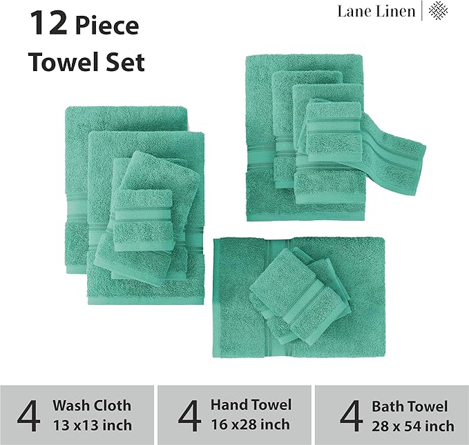LANE LINEN Towels for Bathroom – 12 Pack, 100% Ring-Spun Cotton, Zero Twist, 4 Bath, 4 Hand Towel & 4 Wash Cloths, Highly Absorbent, Luxury Hotel & Spa Quality, Machine Washable – Teal