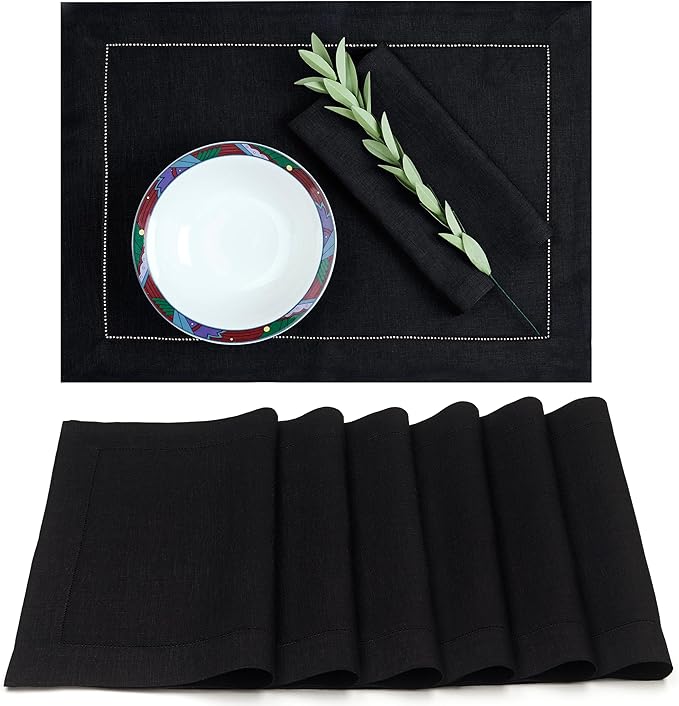 D'Moksha Homes Linen Placemats Set of 6 - Classic Hemstitch Black Placemats 14 x 19 Inch - 100% Pure Linen Table Mats for Fall, Thanksgiving, Holiday - Handcrafted and Machine Washable