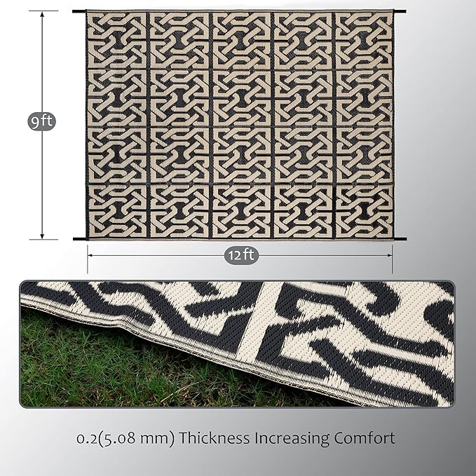 SAND MINE Reversible Mats, Plastic Straw Rug, Modern Area Rug, Large Floor Mat and Rug for Outdoors, RV, Patio, Backyard, Deck, Picnic, Beach, Camping, Trailer, Black & Beige, 9' x 12'