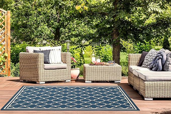 SAFAVIEH Washable Rug Outdoor Courtyard Collection - 6'7" x 9'6", Navy/Beige CY6918 Trellis Indoor/ Outdoor Waterproof Easy Cleaning Patio Backyard