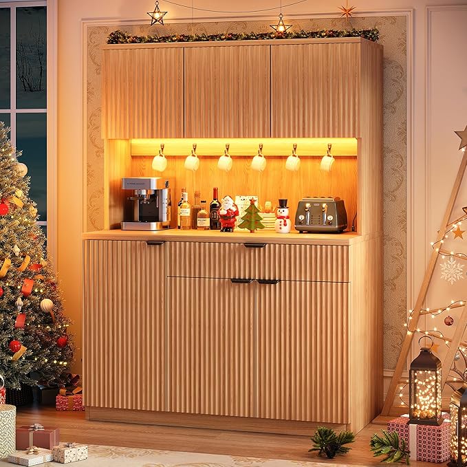 Jocoevol Fluted Kitchen Pantry Storage Cabinet with Charging Station/LED Light/Doors/Shelves, 71'' Tall Kitchen Food Hutch with Microwave Stand for Dining Room Living Room (Natural, 41 * 15.7 * 71)