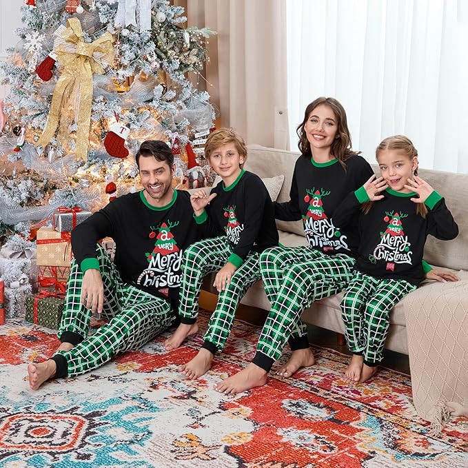 Christmas Family Pajamas Set Matching Holiday Plaid Sleepwear Set Reindeer/Tree Print Loungewear for Xmas Eve