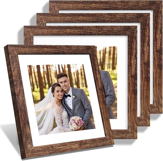 10x10 Picture Frame Set of 4, Made of Glass and Rustic Brown Wooden Frame - Display Picture 8x8 with Mat or 10 x 10 Without Mat, 10 by 10 Photo for Wall or Tabletop