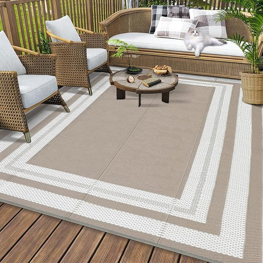 10x20 Large Outdoor Patio Rug Modern Border Plastic Straw Outdoor Rugs Waterproof Foldable UV Resistant Camping Reversible Mats for Deck, Picnic, Camper, Balcony, Beach, Rv，Light Brown