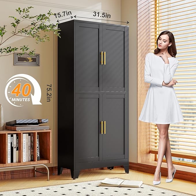 GAIOUS 75.2" Tall Metal Pantry Cabinet, Storage Cabinets with 4 Door and 4 Adjustable Shelves, Black Kitchen Pantry Storage Cabinet, Freestanding Cupboard for Kitchen Dining Room Living Room Bathroom