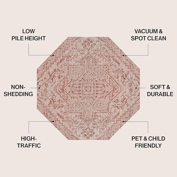 JONATHAN Y Boho Medallion Indoor Outdoor Octagon Area Rug 8 Ft Red/Taupe, Estrella Textured Weave for Backyard, Patio, Porch, Easy-Cleaning, High Traffic, Pet-Friendly, Non-Shedding (SMB105A-8TGN)