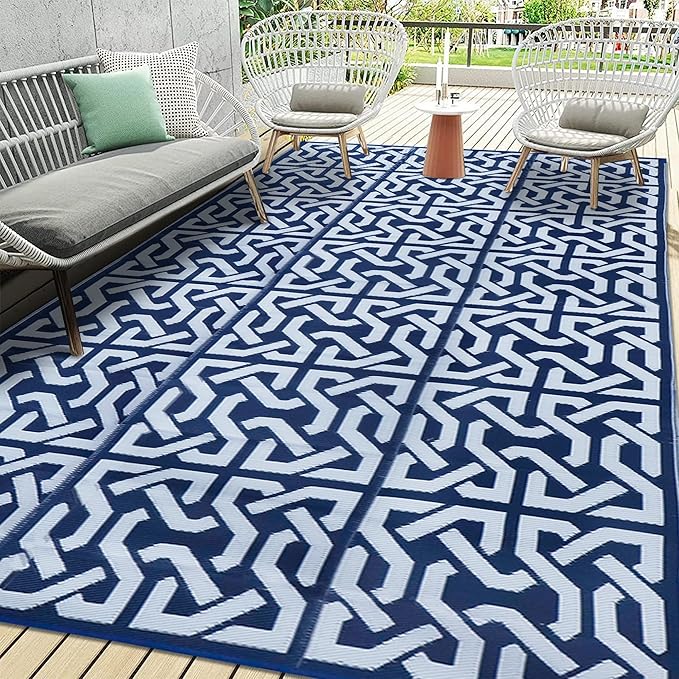 SAND MINE Reversible Mats, Plastic Straw Rug, Modern Area Rug, Large Floor Mat Rug for Outdoors, RV, Patio, Backyard, Deck, Picnic, Beach, Trailer, Camping, Dark Blue & White, 9' x 18'