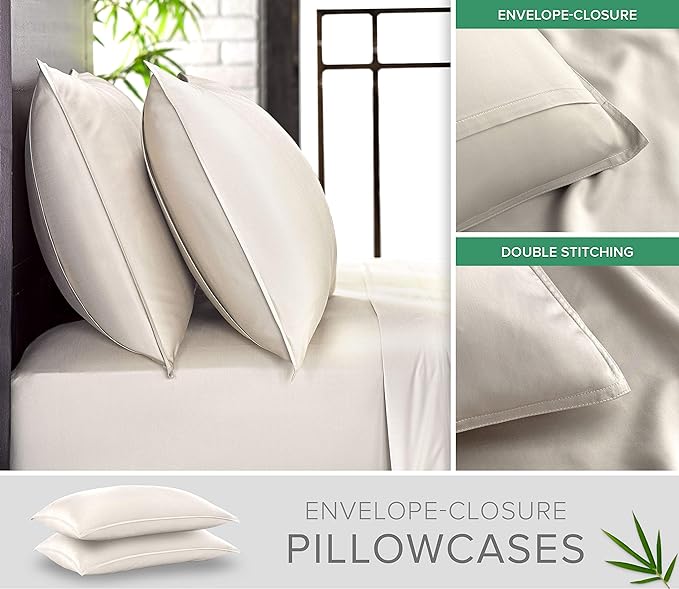 Split King Sheets by Pure Bamboo, Genuine 100% Organic Viscose Derived from Bamboo Bed Sheet Set, Soft & Cooling, Double Stitching *Not for Split Top (Split King, Ivory)