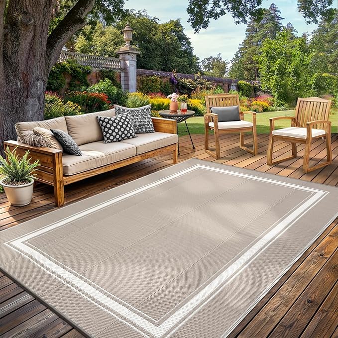 Waterproof Outdoor Rug 9x12 Reversible Plastic Straw Rug Modern Bordered Large Floor Carpet UV Resistant Camping Mat for Outsides RV Patio Backyard Picnic Deck Grey/White