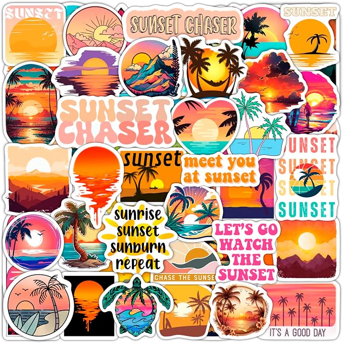 100Pcs Sunset Stickers - Beach Stickers, Sun Decals, Summer Decals for Water Bottle and Laptop, Palm Trees Party Supplies & Decorations, Beachy Stuff, Gifts for Women & Men