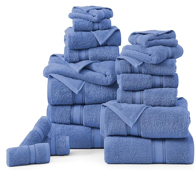 LANE LINEN Bathroom Towels Set of 18 – Zero Twist, 100% Ring-Spun Cotton, 6 Bath, 6 Handtowel & 6 Washcloths, Luxury Hotel Design, Perfect for Salon & Guests, Machine Washable – Cerulean Blue