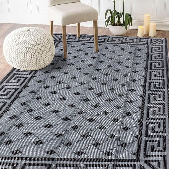 SAND MINE Reversible Mats, Plastic Straw Rug, Modern Area Rug, Large Floor Mat and Rug for Outdoors, RV, Patio, Backyard, Deck, Picnic, Beach, Trailer, Camping (5' x 8', Black & Grey)