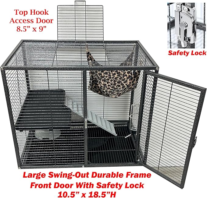Deluxe Two Tiers Small Animal Critter Cage Tight 1/2-Inch Bar Spacing Water Bottle Food Bowl Feisty Ferret Hammock Chinchilla Rat Mice Squirrel Rabbit Sugar Glider Easy Clean Pull Out Grate Tray