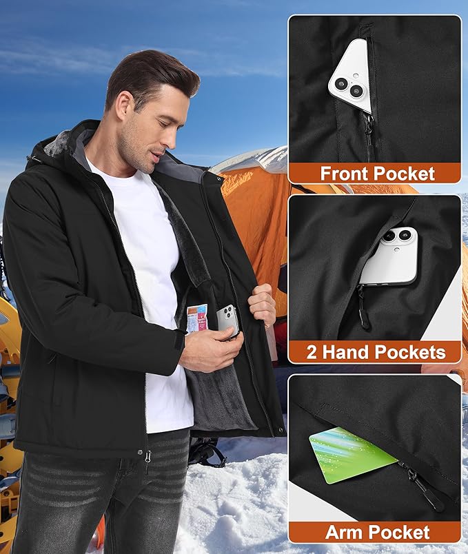 Mens Winter Snow Jacket Waterproof Ski Jackets Snowboard Rain Warm Coat Insulated Hood Fleece Lined