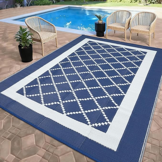 Outdoor Rug for Patio 9x12 Waterproof Camping Mat Reversible Plastic Straw Floor Carpet Modern Diamond Indoor Outdoor Large Area Rug for RV Deck Balcony Backyard Blue/White