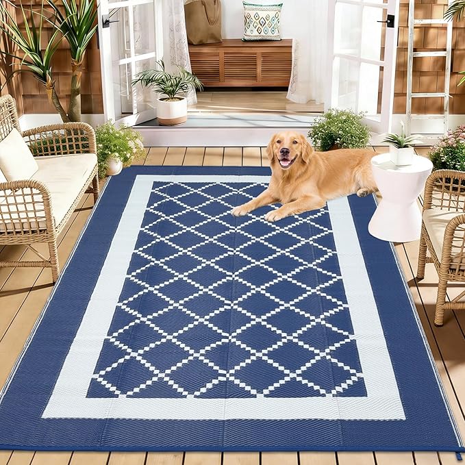 Waterproof Outdoor Rug 8x10 Reversible Plastic Straw Rug Modern Geometric Large Floor Carpet Lightweight Foldable Camping Mat for Outdoors RV Patio Backyard Picnic Blue/White