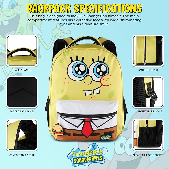 AI ACCESSORY INNOVATIONS SpongeBob Square Pants Backpack for Boys & Girls, 16” Big Face Nylon Twill Bookbag w/Molded Hamburger Patty Dangle, Yellow