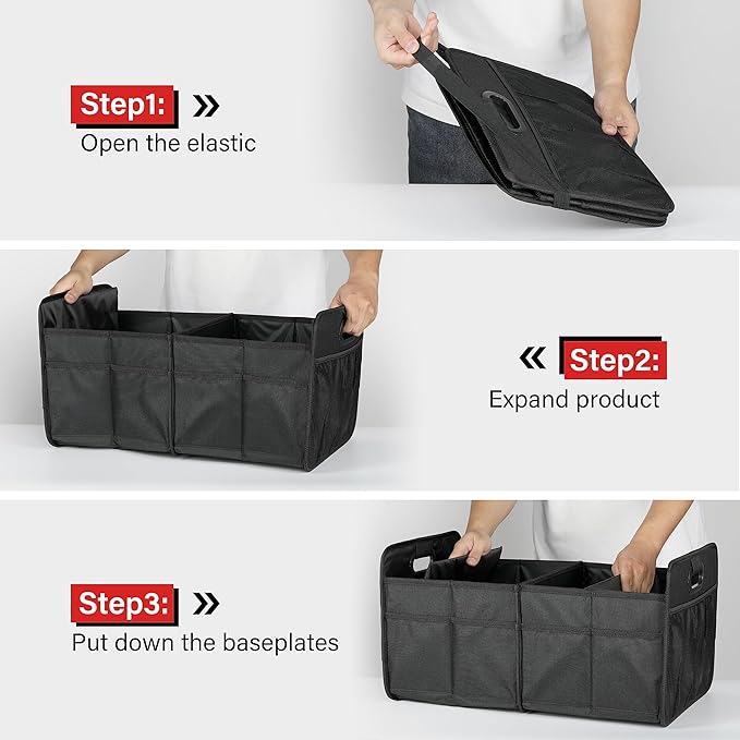 Simple Deluxe Trunk Organizer for Car/SUV/Truck, Collapsible 2 Compartment Automotive Storage Box, 600D Waterproof Oxford Polyester 50L Travel Accessories, Anti-slip & Leak-proof, Black New