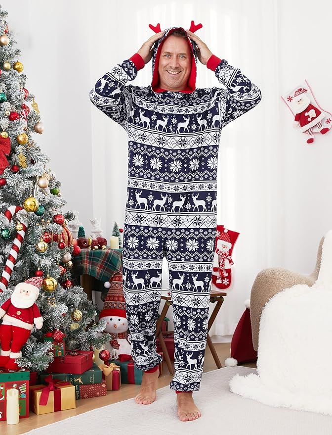 PATPAT Matching Family Christmas Onesie Pajamas – Holiday Hooded Jumpsuit Sleepwear PJs Couples Xmas Loungewear with Socks