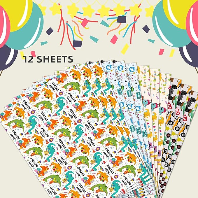 PlandRichW Birthday Wrapping Paper for Boys,Baby,Kids.Gift Wrapping Paper Includes Dinosaur Monster Truck Astronaut 4 Cute styles for Baby Shower Party Holiday.12 Sheets Folded Flat 20" X 29"