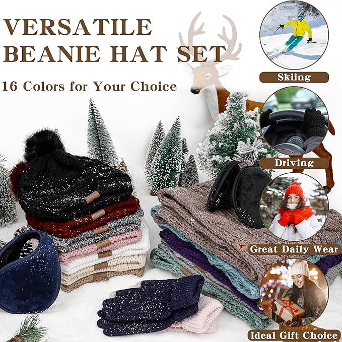 Winter Hat Scarf Gloves and Ear Warmer, Warm Knit Beanie Hat Touch Screen Gloves Set Winter Gifts Neck Scarves for Women